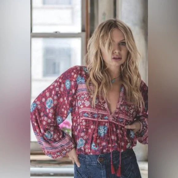 SPELL AND THE GYPSY FOLKTOWN BLOUSE WINE LARGE ORIGINAL DROP - Picture 3 of 8